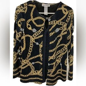 Rebecca Malone Shimmery Black and Gold Two-fer 1 look Holiday Dressy Top Sz S